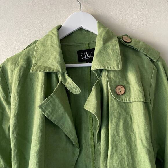 Luii 100% Linen Olive Green Double Breasted Light Jacket with Belt - Size L - Picture 7 of 10